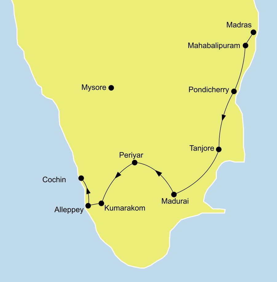 Der Reiseverlauf der Reise Indiens exotischer Süden startet in Madras und endet in Cochin.