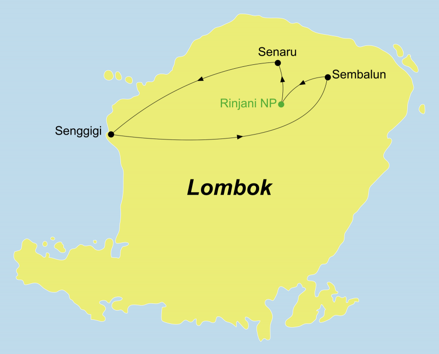 Die Lombok Rundreise führt von Senggigi über Sembulan, Rinjani Nationalpark, Segara Anak/Vulkan Mount Baru, Senaru zurück nach Senggigi.