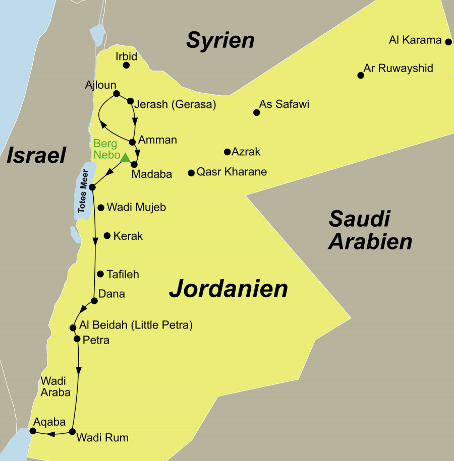 Die Jordanien Rundreise führt von Amman über Ajloun Nationalpark – Jerash – Madaba – Nebo – Totes Meer – Dana Nationalpark – Beidah – Petra – Wadi Rum nach Aqaba.