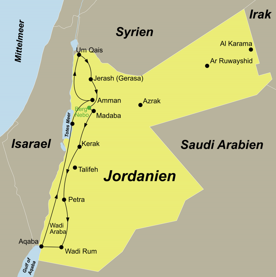 Die Jordanien Rundreise führt von Amman über Um Qais – Jerash – Berg Nebo – Madaba – Kerak – Petra – Wadi Rum – Aqaba – Totes Meer zurück nach Amman.