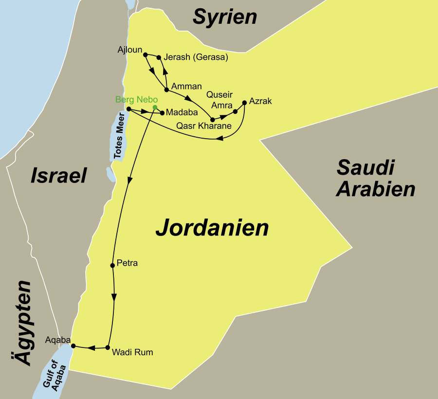 Der Reiseverlauf zu unserer Jordanien Reise Jordaniens Höhepunkte startet in Amman und endet in Aqaba.