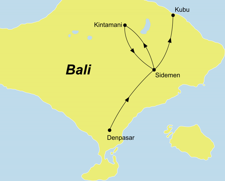 Der Reiseverlauf zu unserer Indonesien Reise Bali Yoga Wellness startet in Denpasar und endet in Kubu.