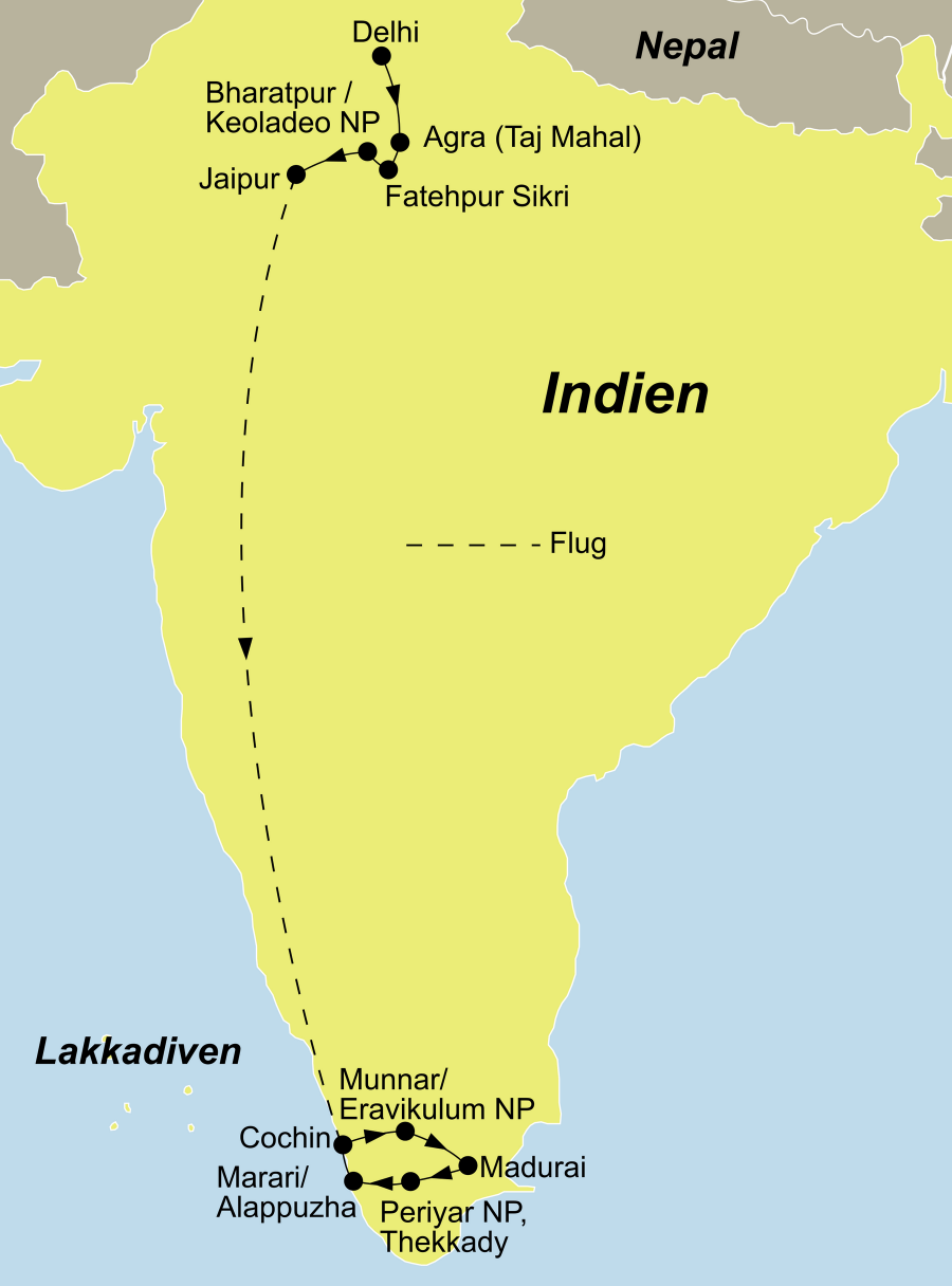 Der Reiseverlauf zu unserer Indien Reise Best of Indien startet in Delhi und endet in Mararikulam.