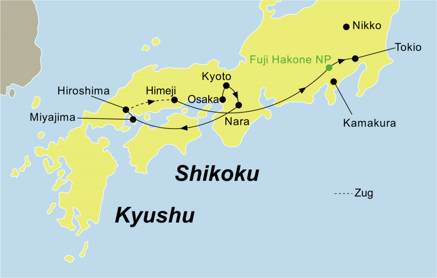 Der Reiseverlauf zu unserer Japan Reise Best of Japan startet in Osaka und endet in Tokio.