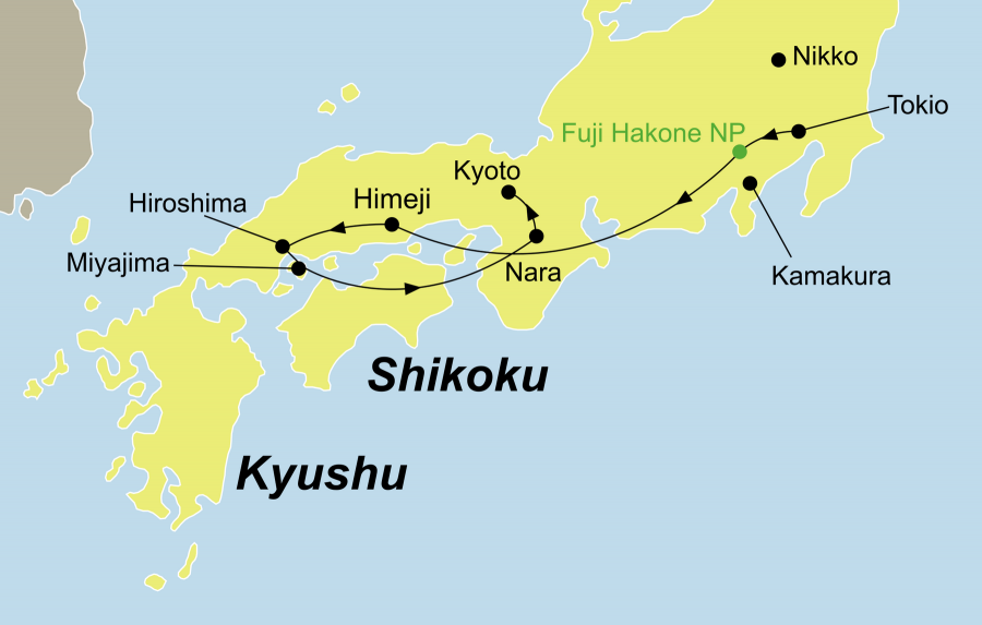Der Reiseverlauf zu unserer Gruppenreise Japan Best of Japan startet in Tokio und endet in Kyoto.
