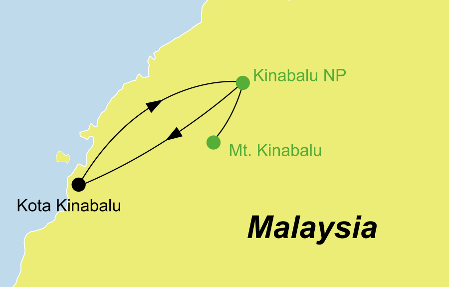 Die Malaysia Rundreise führt von Kota Kinabalu über den Kinabalu Park zurück nach Kota Kinabalu.