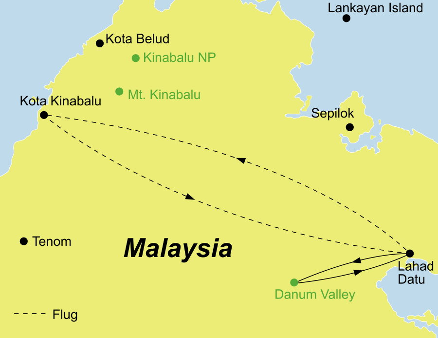 Die Malaysia Rundreise führt von Kota Kinabalu über Lahad Datu und das Danum Valley zurück nach Kota Kinabalu.