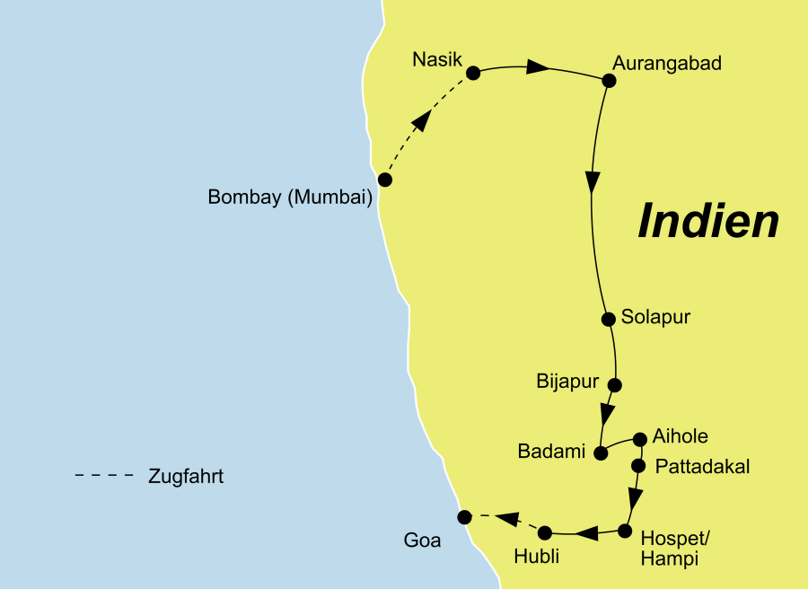Die Zentralindien Rundreise führt von Bombay (Mumbai) über Nasik, Aurangabad, Bijapur, Badami, Hospet und Hampi nach Goa.