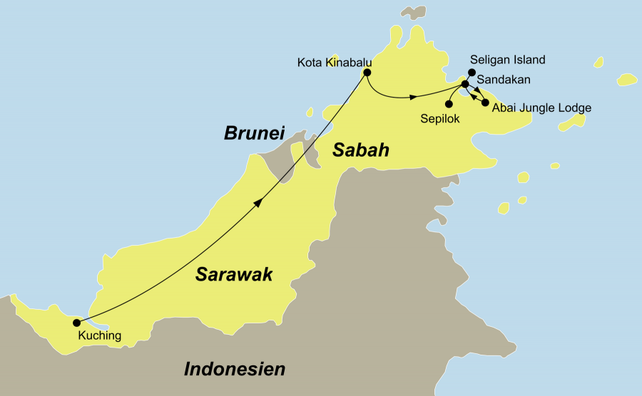 Der Reiseverlauf zu unserer Malaysia Reise Borneos Natur & Tiere hautnah erleben startet in Kuching und endet in Sandakan.