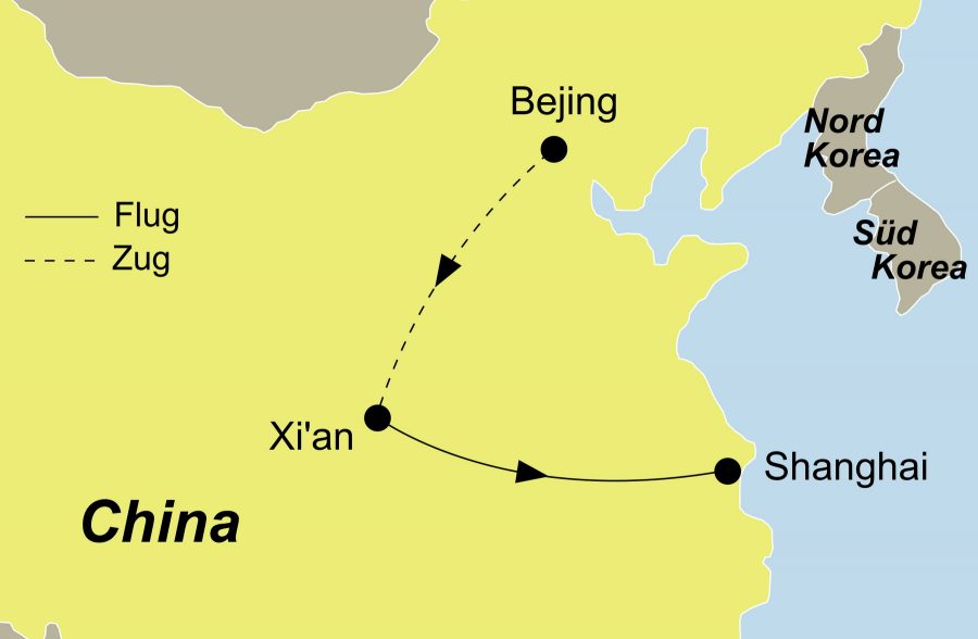 Der Reiseverlauf zu unserer China Reise China zum Kennenlernen startet in Peking und endet in Shanghai.