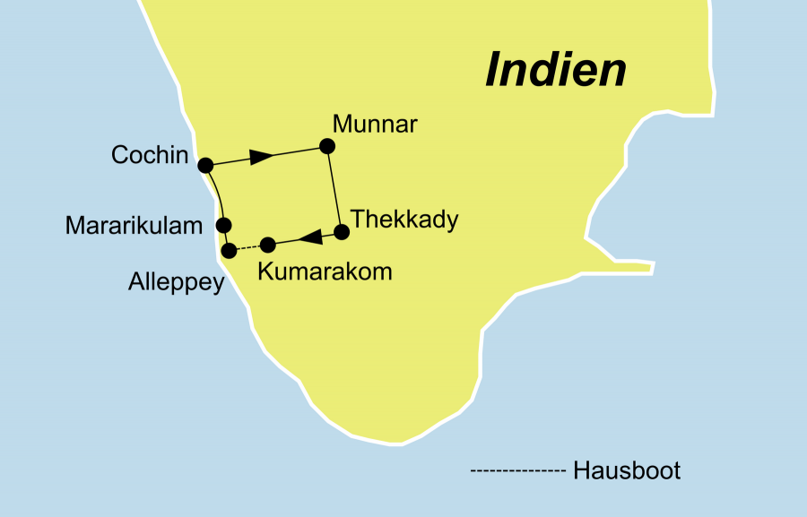Die Indien Reise Südindien Kerala Mararikulam startet und endet in Cochin.