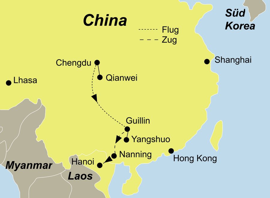 Die China Rundreise führt von Chengdu über Qianwei, Chengdu, Guilin, Yangshuo, Nanning nach Hanoi (Vietnam).