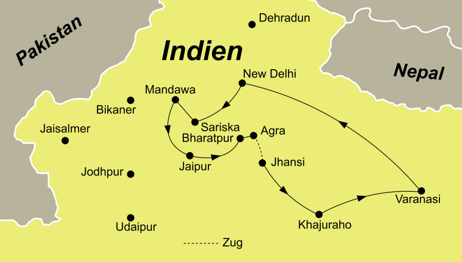 Der Reiseverlauf zu unserer Indien Reise goldenes Dreieck startet und endet in Delhi.