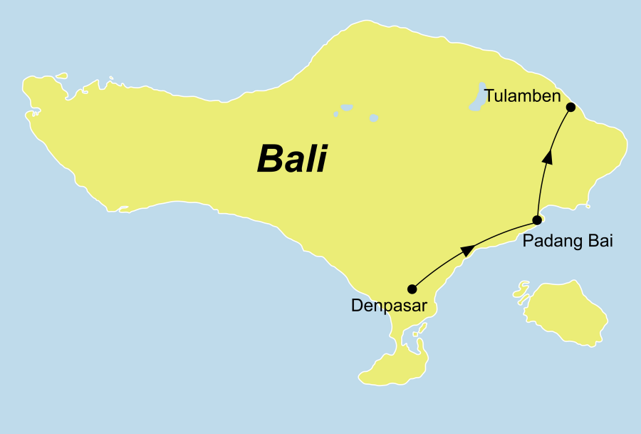 Die Indonesien Kreuzfahrt führt von Denpasar über Gili Mimpang, Nusa Penida / Nusa Lembongan, Manta Point, Tulamben, Kubu wieder zurück nach Tulamben.