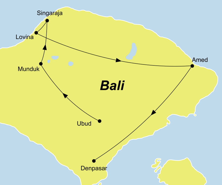 Der Reiseverlauf zu unserer Indonesien Reise Erlebe Bali - Ubud, Jeepsafari & Baden startet in Denpasar und endet in Südbali.