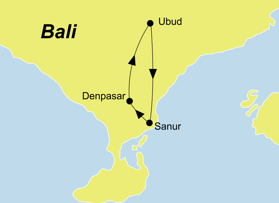 Der Reiseverlauf zu unserer Indonesien Reise Bali Hideaway startet und endet in Denpasar