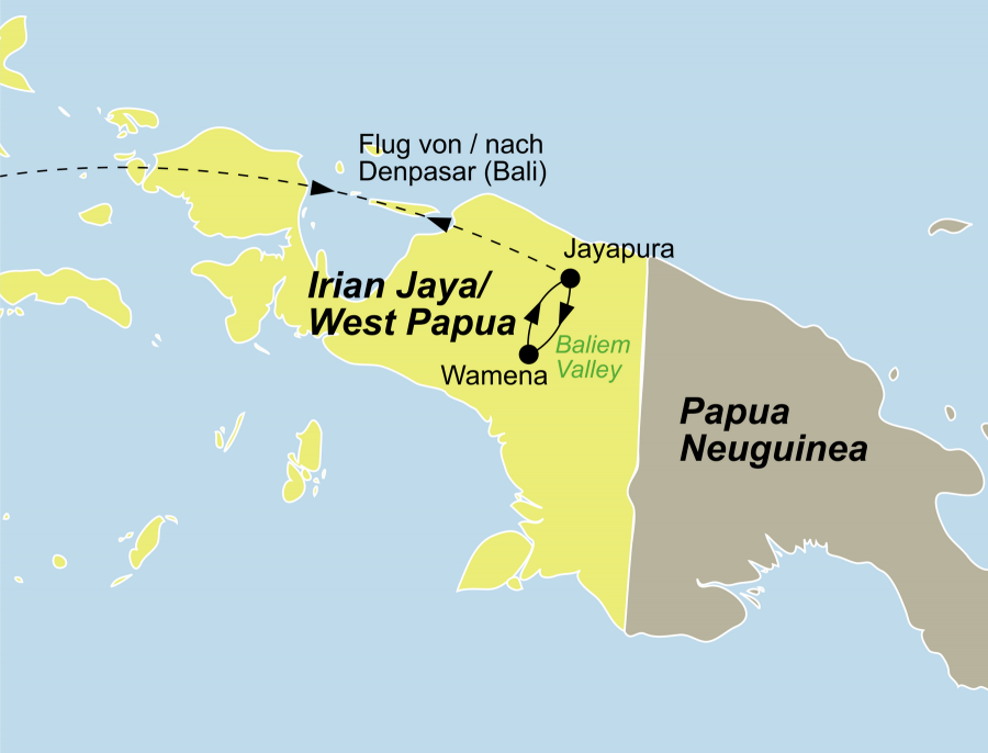 Der Reiseverlauf zu unserer Indonesien Reise Papua: Wamena Hochlandshow startet in Jayapura und endet in Timika.