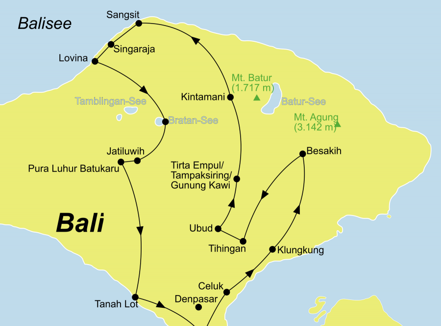 Die Bali Rundreise führt von Südbali/Ubud über Celuk, Klungkung, Besakih, Tihingan, Ubud, Tirta Empul, Tamapaksiring, Gunung Kawi, Kintamani, Sangsit, Lovina, Bratan-See, Jatiluwih, Pura Luhur Batukaru,Tanah Lot zurück nach Südbali.