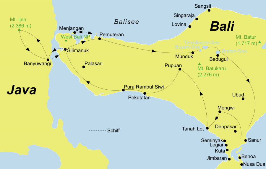 Die Bali Rundreise führt von Südbali / Ubud über Taman Ayun, Tanah Lot, Gilimanuk, Banyuwangi, Ijen Plateau, Pemuteran, Menjangan Island, Munduk, Candi Kuning, Batuan zurück nach Südbali / Ubud.