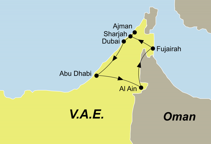 Die Emirate Rundreise führt von Dubai über Abu Dhabi, Al Ain, Fujairah, Sharjah, Ajman nach Dubai.