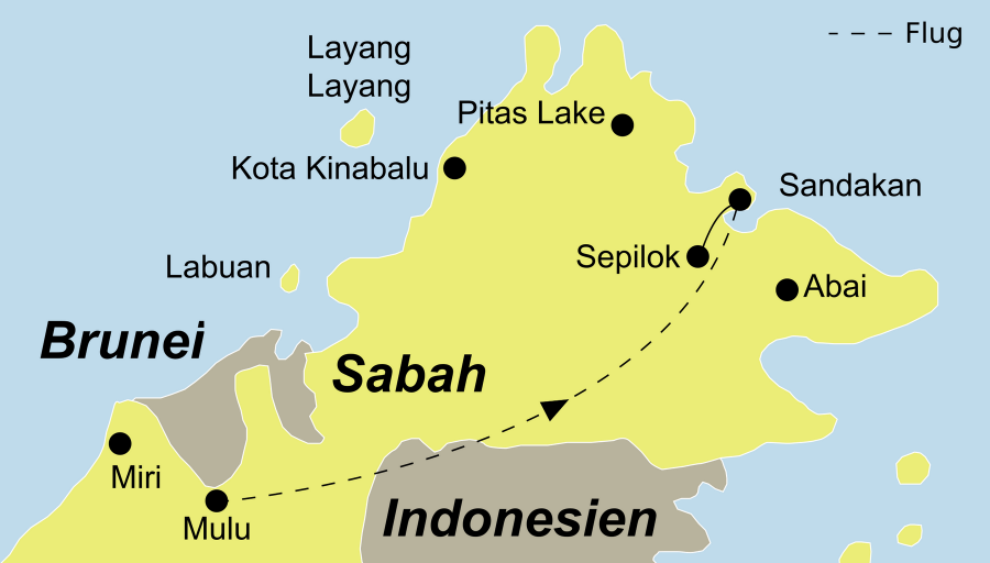 Die Borneo Rundreise führt von Mulu über Sandakan, das Sepilok Orang Utan Rehabilitationszentrum, die Abai Jungle Lodge und den Pitas Lake wieder nach Sandakan.