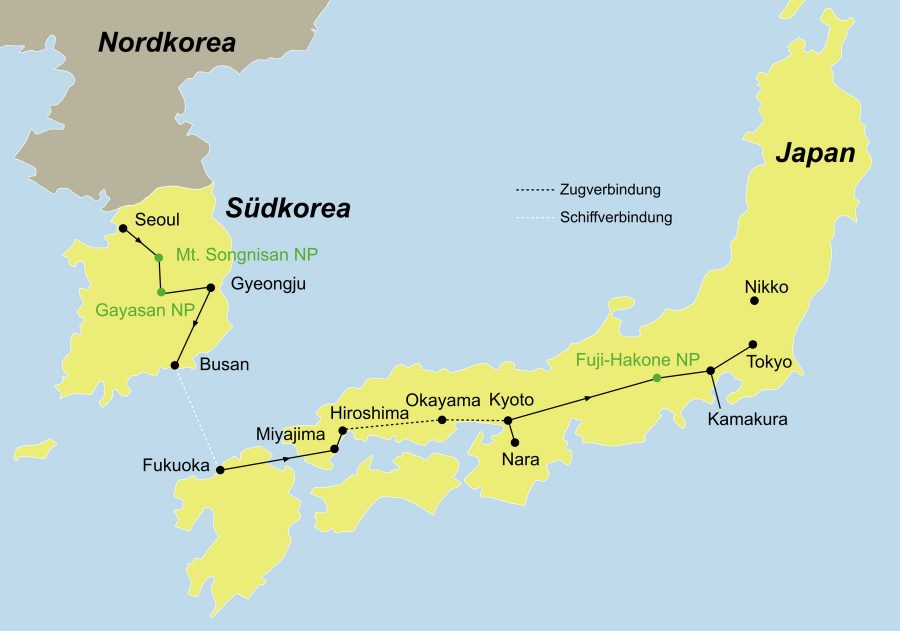 Der Reiseverlauf zur Erlebnisreise Südkorea und Japan startet in Seoul und endet in Tokyo.