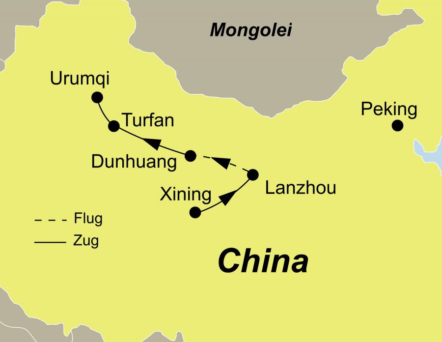 Die Reiseroute der China Rundreise führt von Xining über Lanzhou, Dunhuang, Turfan nach Urumqi.