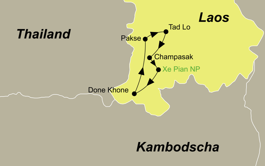 Die Laos Rundreise führt von Pakse über Tad Lo, Champasak, Xe Pian Nationalpark (Kingfisher Lodge), Done Khone zurück nach Pakse.