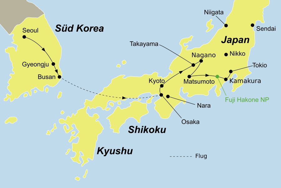 Der Reiseverlauf zu unserer Korea Reise Ginseng startet in Seoul und endet in Tokyo.