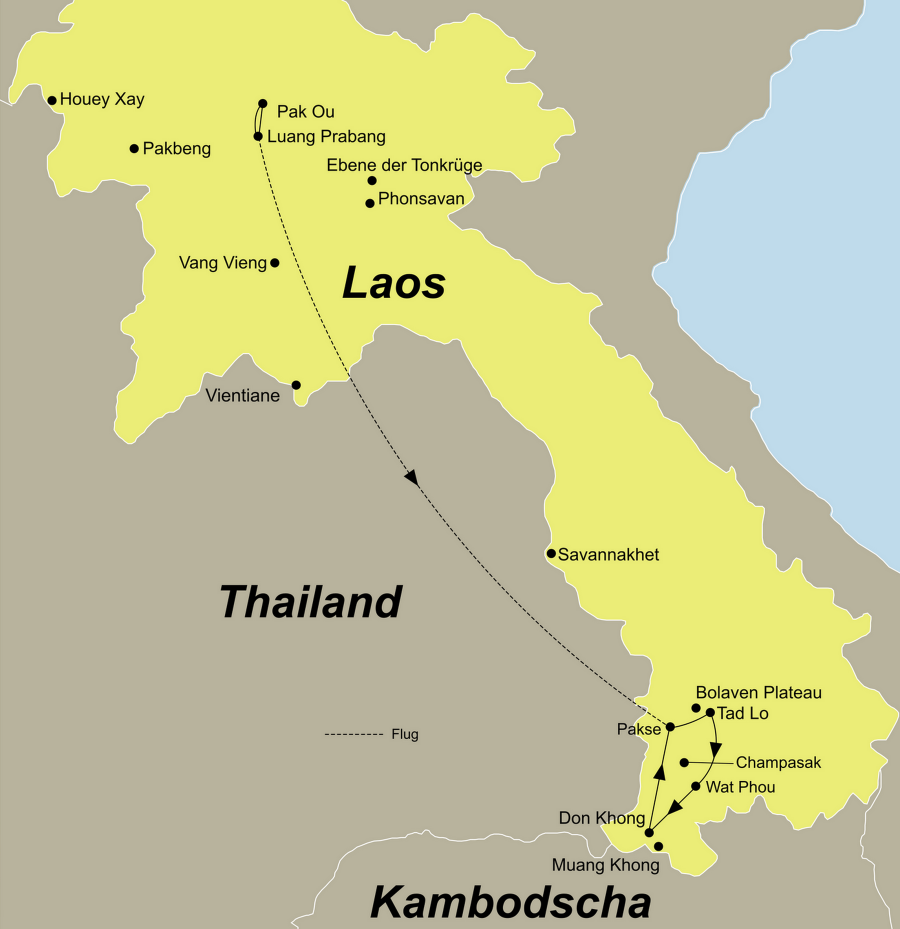 Die Laos Rundreise führt von Luang Prabang über Bolaven-Plateau, Khong Island nach Pakse.