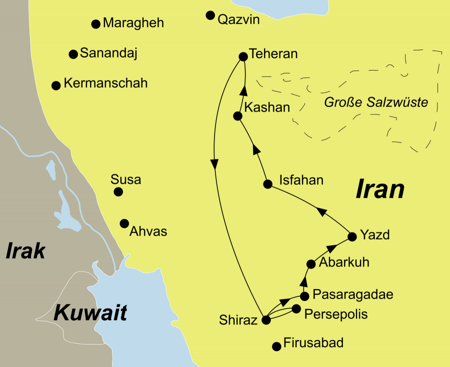 Der Reiseverlauf zu unserer Iran Reise Glanzlichter Persiens startet und endet in Teheran.