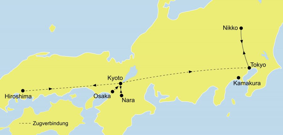 Der Reiseverlauf unserer Japan Reise - Grunkurs Japan startet entweder in Tokio oder Kyoto