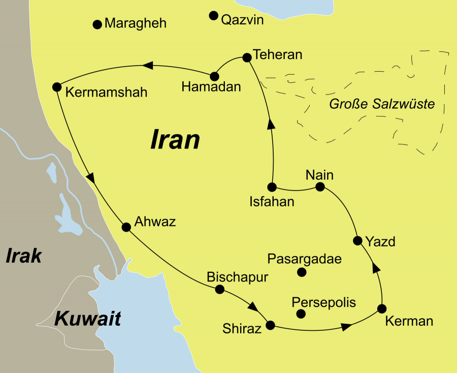 Der Reiseverlauf zu unserer Iran Reise Höhepunkte Persiens startet in Teheran und endet in Shiraz.