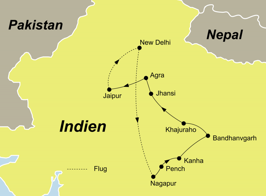 Der Reiseverlauf der Indien Rundreise mit Tigern startet in Delhi und endet in Jaipur.