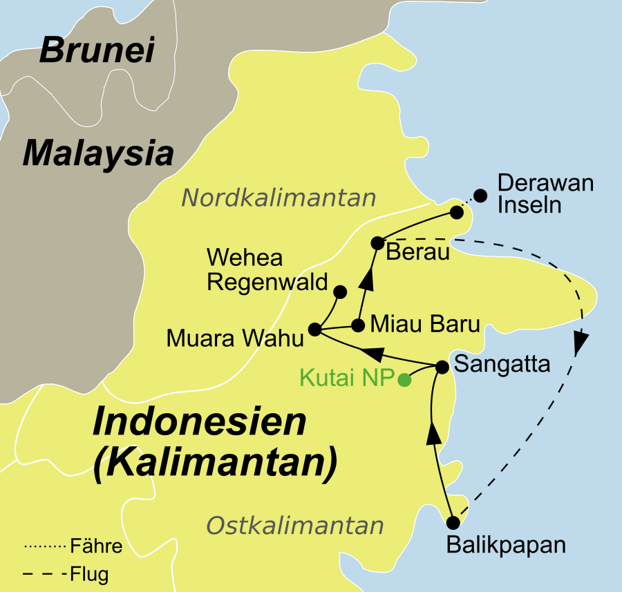 Der Reiseverlauf zu unserer Indonesien Reise Kilimantan Rundreise startet in Balikpapan und endet auf Derawan Island.