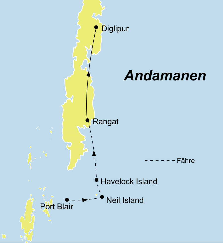 Die Indien Rundreise führt von Port Blair über Neil Island, Havelock Island, Rangat, Diglipur zurück nach Port Blair.