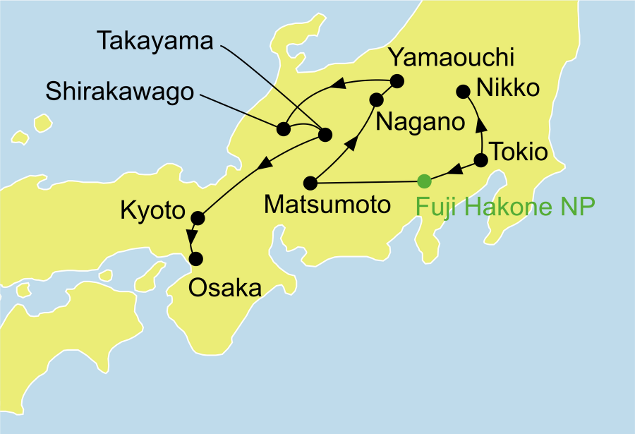 Der Reiseverlauf zu unserer Japan Reise Japan Bonsai startet in Tokyo und endet in Osaka.