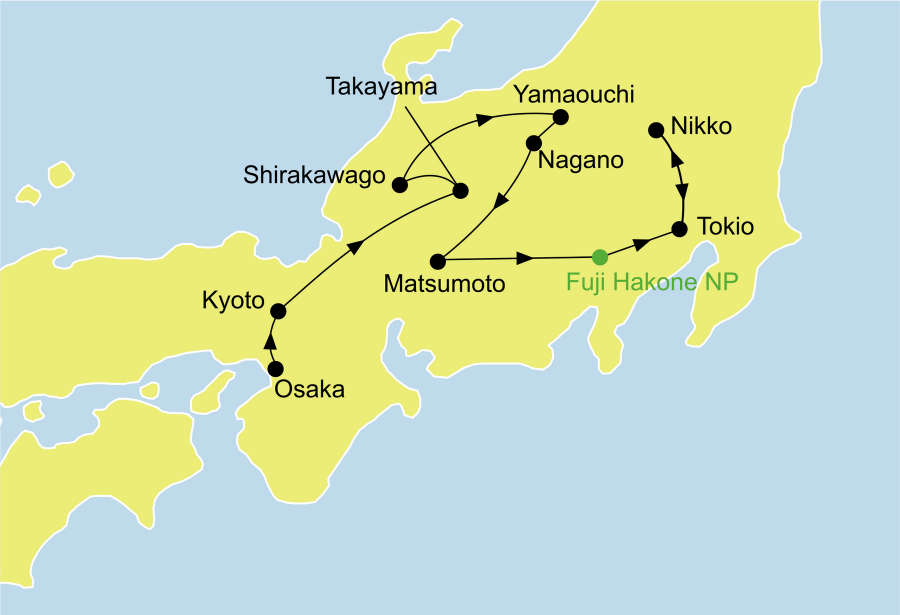 Der Reiseverlauf zu unserer Japan Reise Japan Bonsai startet in Osaka und endet in Nikko.