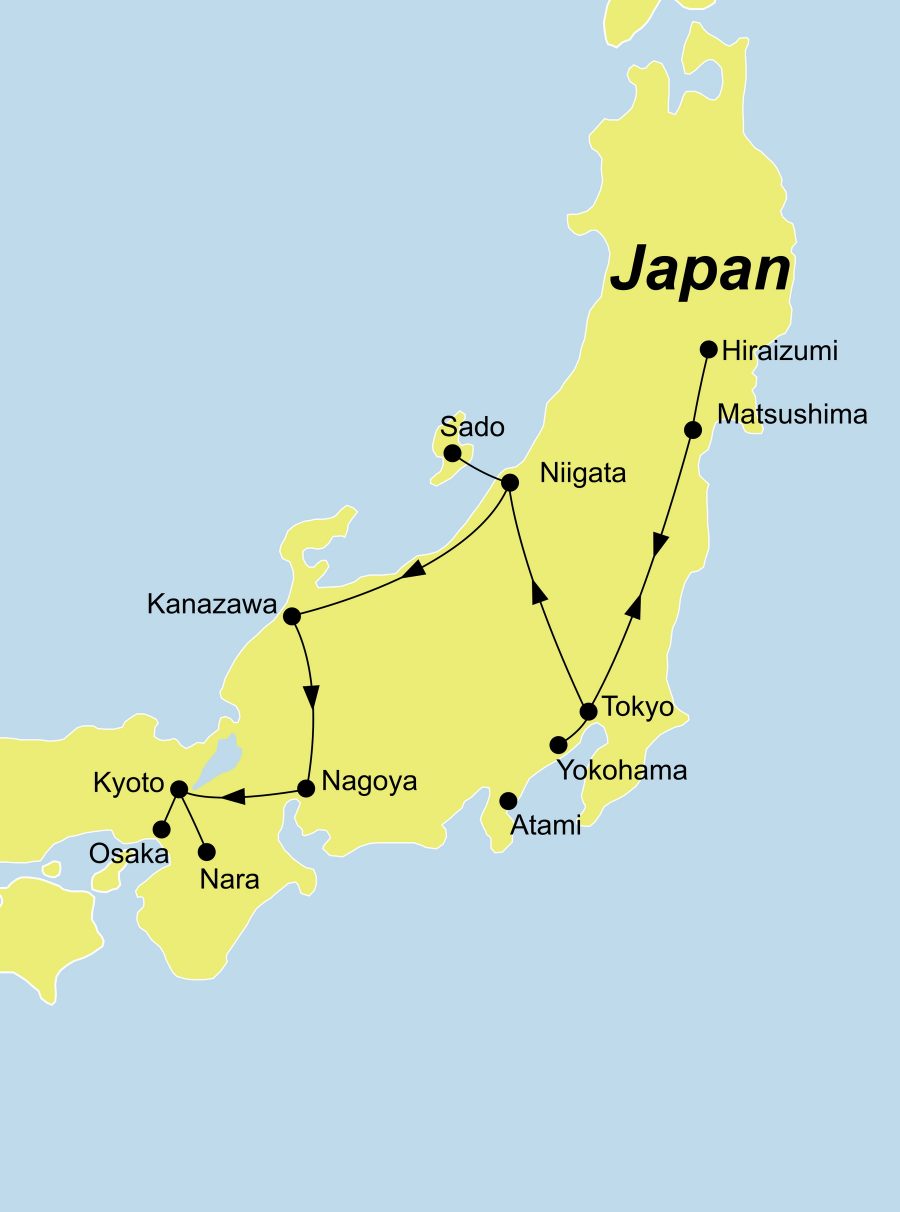Der Reiseverlauf zu unserer Japan Reise - Japan für Fortgeschrittene startet in Tokio und endet in Osaka.
