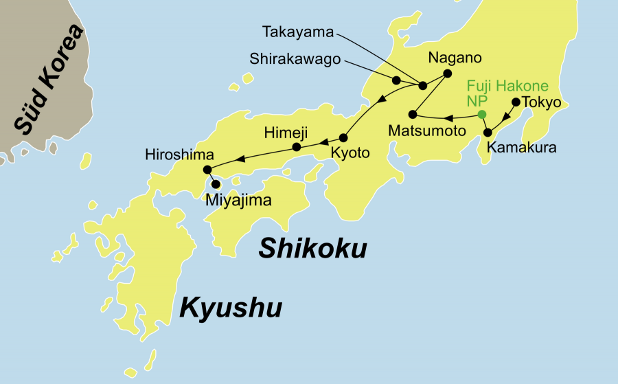 Der Reiseverlauf zu unserer Japan Reise - Japan Geisha startet in Tokio (Nikko) und endet in Osaka.