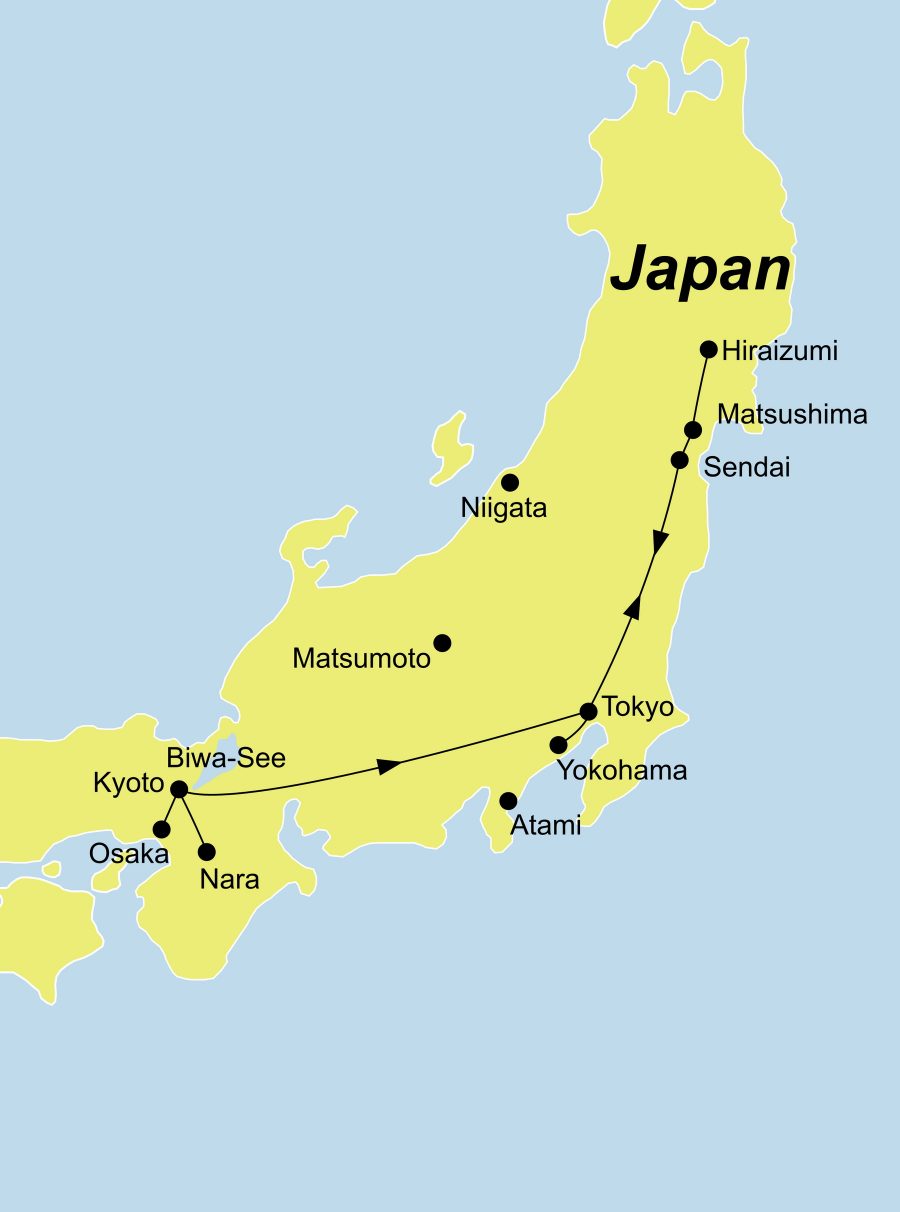 Der Reiseverlauf unserer Japan Reise - Japan für Kenner startet in Kyoto und endet in Tokio.