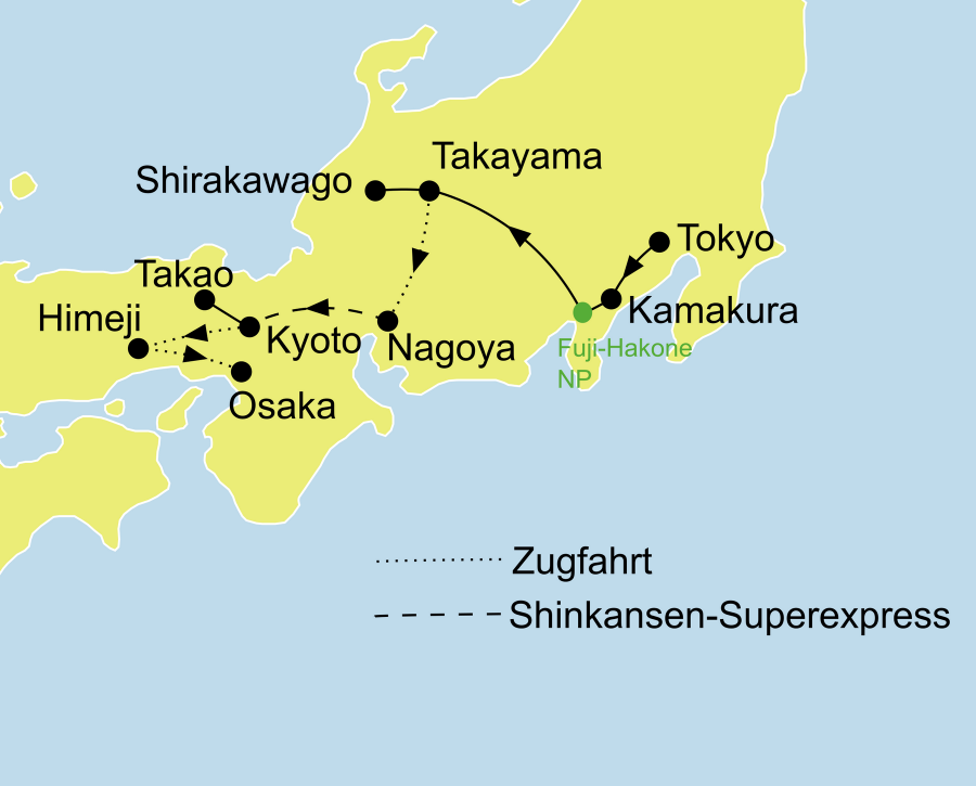 Der Reiseverlauf zu unserer Japan Reise - Kleingruppenreisen Origami startet in Tokio und endet in Osaka.