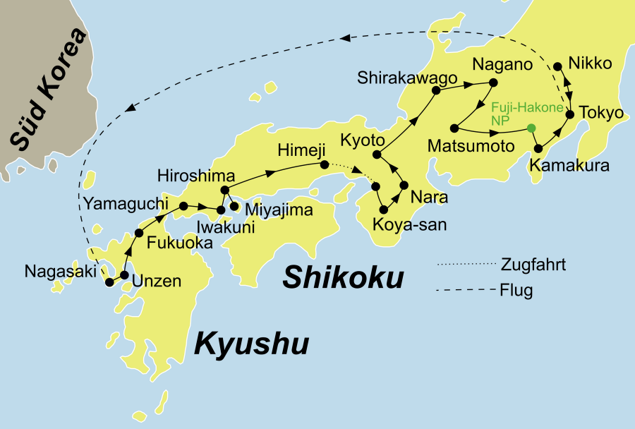 Der Reiseverlauf zu unserer Japan Reise - Japan Samurai startet in Nagasaki und endet in Tokio.