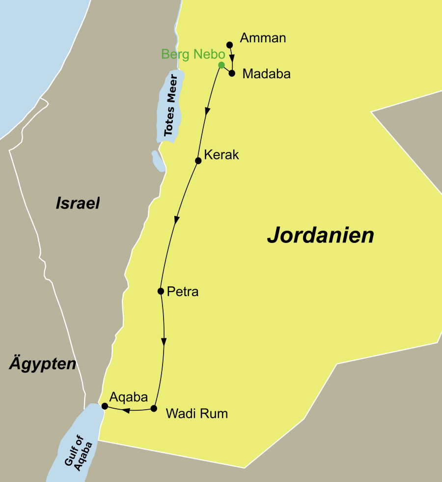 Der Reiseverlauf zu unserer Jordanien Reise Jordanien Deluxe startet in Amman und endet in Aqaba.
