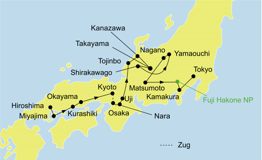 Der Reiseverlauf zu unserer Japan Reise - Japan Kabuki startet in Osaka und endet in Tokio.