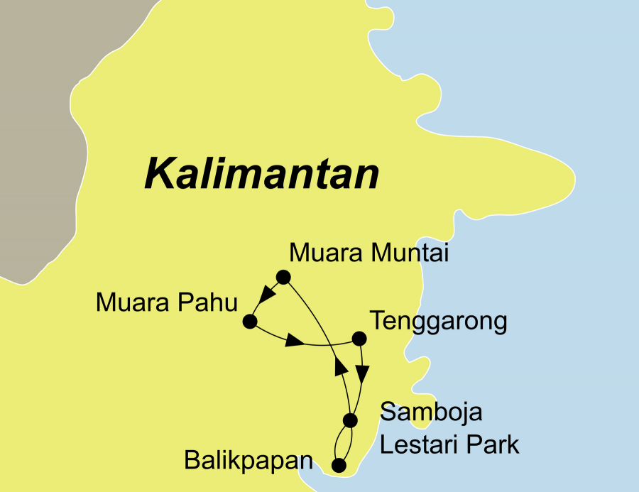 Die Kalimantan Rundreise führt von Balikpapan über Samboja Lestari Park, Mahakam, Muara Muntai, Muara Pahu, Tenggarong, Samboja Lestari Park zurück nach Balikpapan.