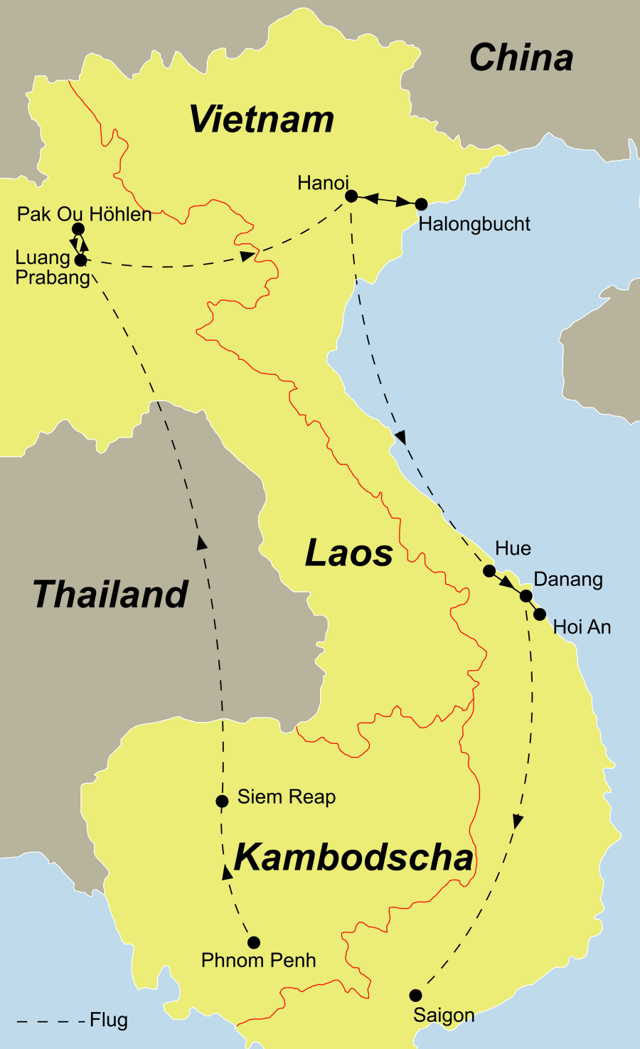 Der Reiseverlauf zu unserer Kambodscha Reise startet in Phnom Penh und endet in Saigon.