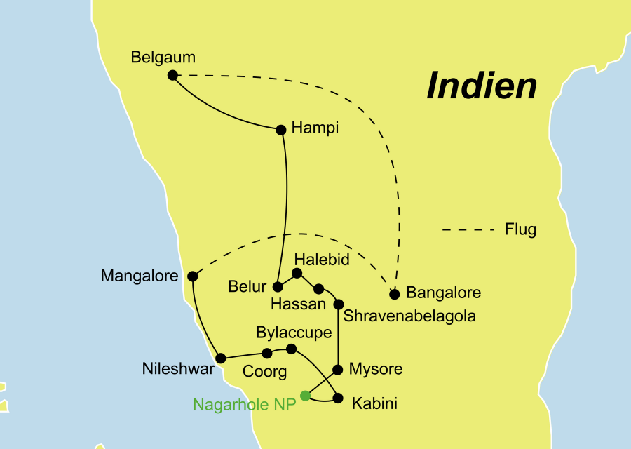 Der Reiseverlauf zu unserer Südindienreise startet in Bangalore und endet in Mangalore.