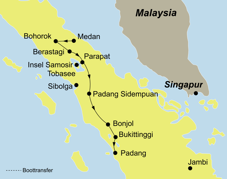 Die Sumatra Rundreise führt von Medan über Bohorok / Bukit Lawang (Gunung Leuser Nationalpark), Berastagi, Insel Samosir, Padang Sidempuan Bukittinggi nach Padang.