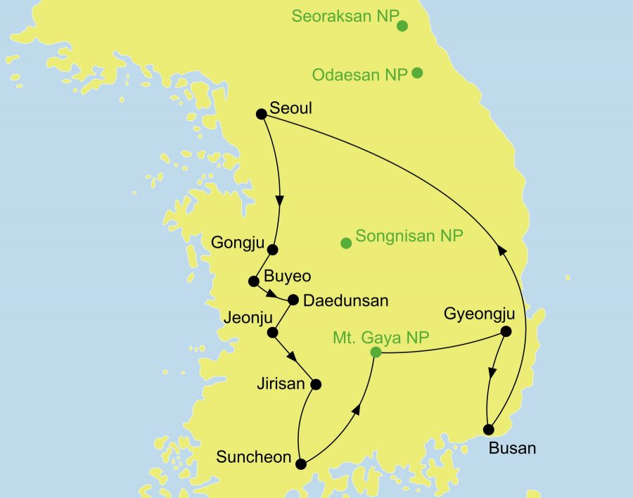 Der Reiseverlauf zu unserer Korea Reise startet und endet in Seoul.